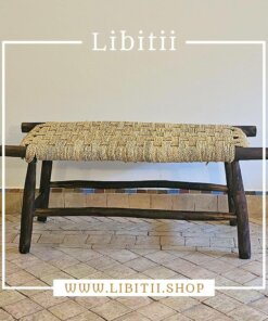 Dark Leather Bench In Palm Leaf Rope
