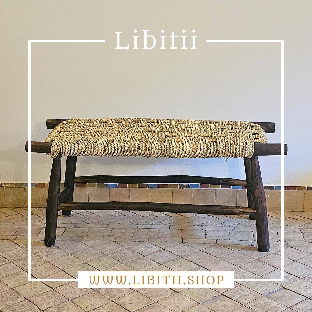 Dark Leather Bench In Palm Leaf Rope
